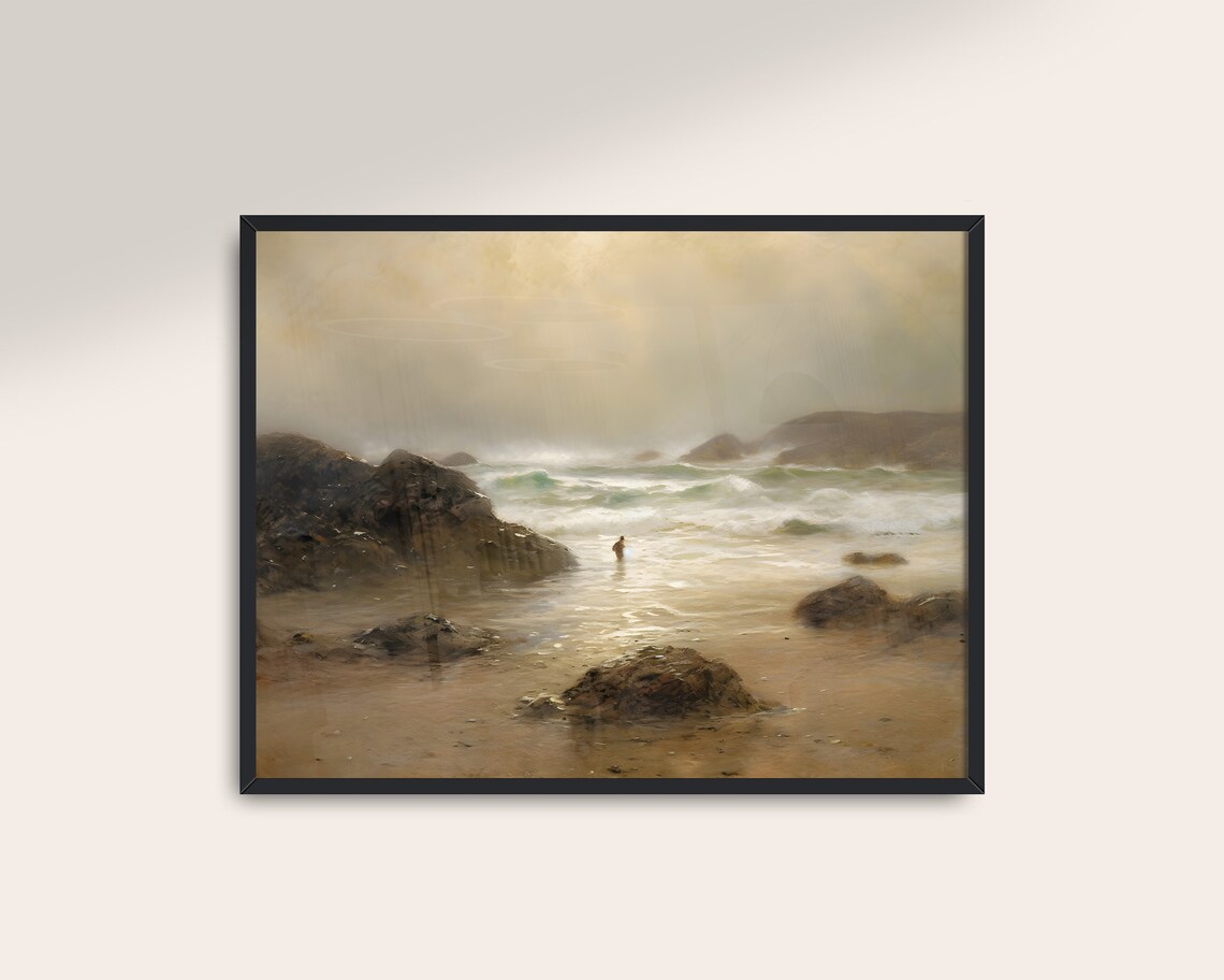Misty Rocky Beach and Storm Waves Vintage Sepia Seascape Poster - Image 3