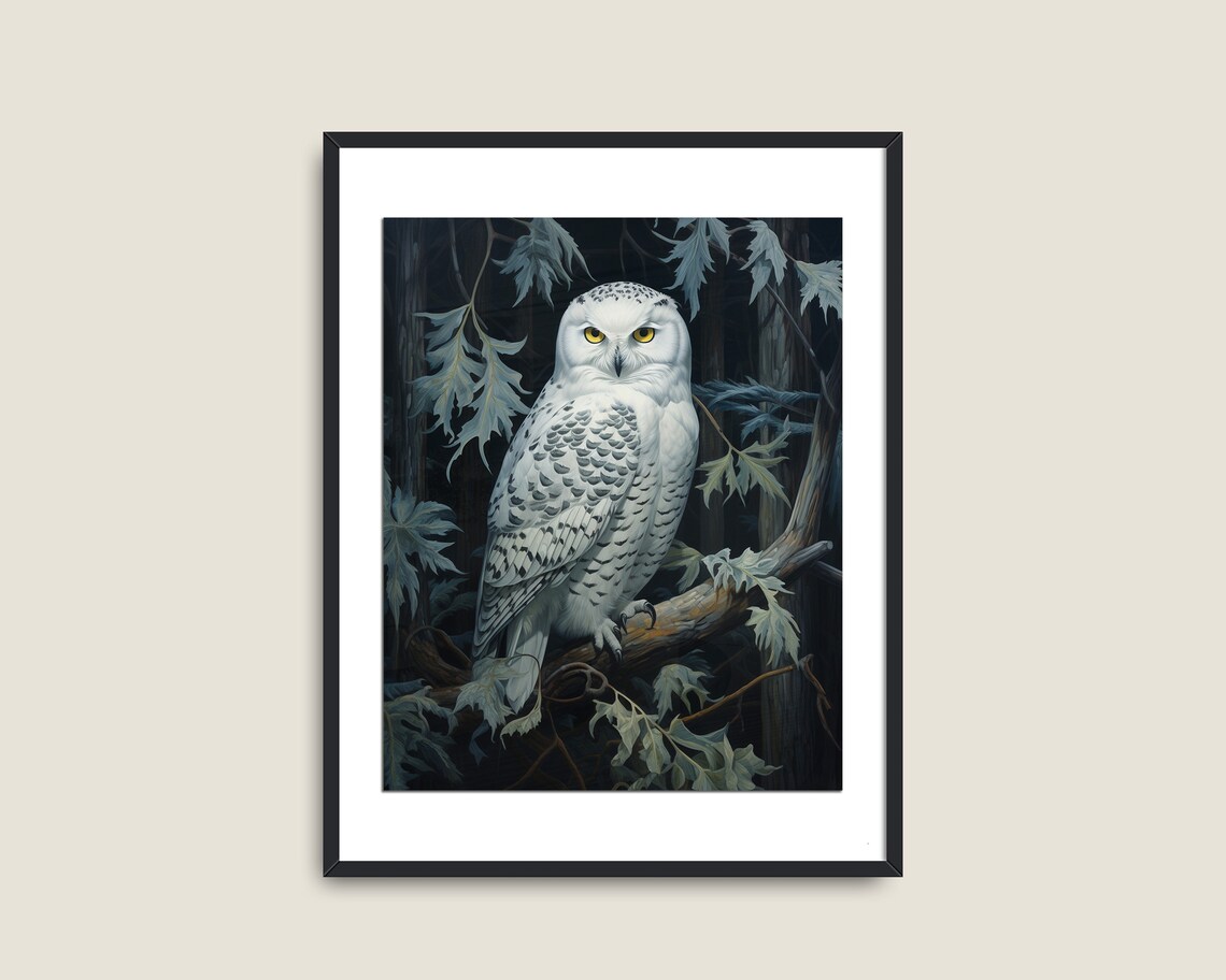 Snowy Owl Night Branch Blue Leaves Vintage Wildlife Portrait Print - Image 2