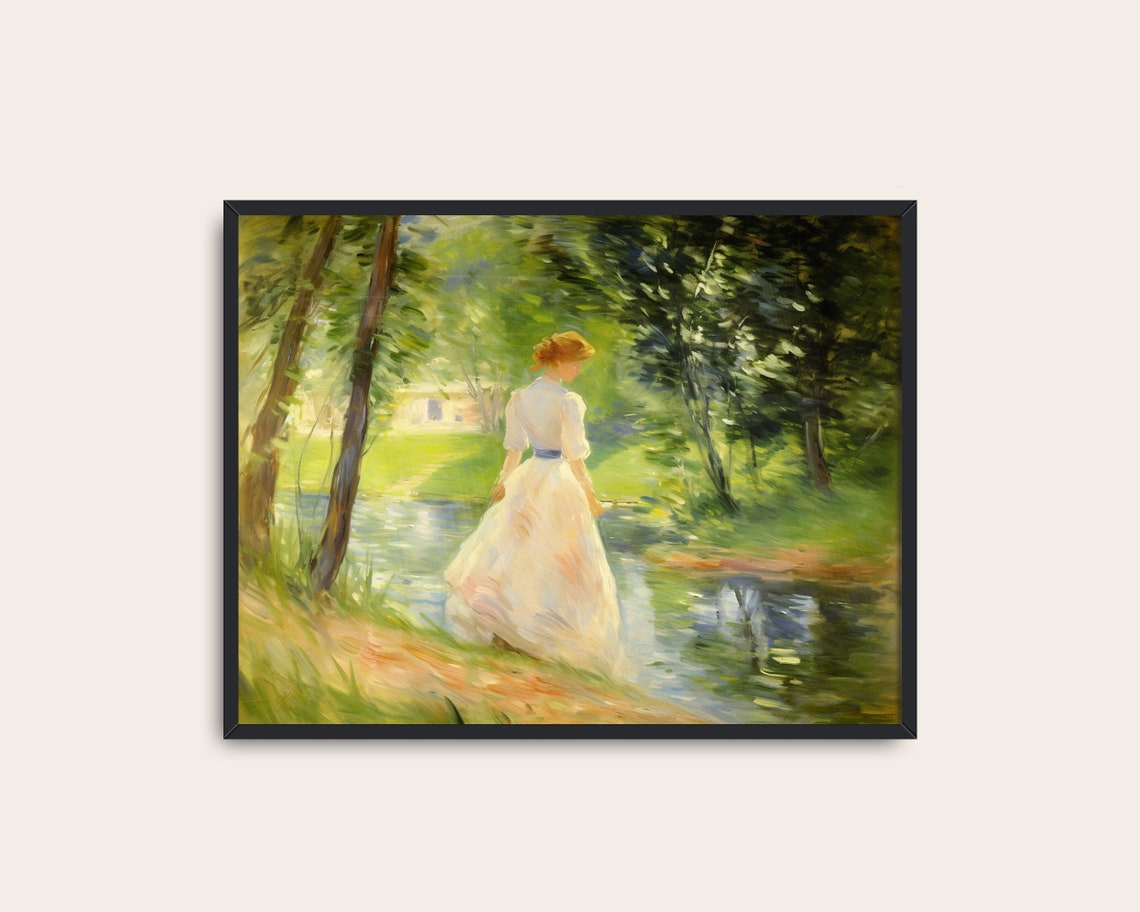 Woman In White Dress Beside Forest Stream Vintage Romantic Poster - Image 3