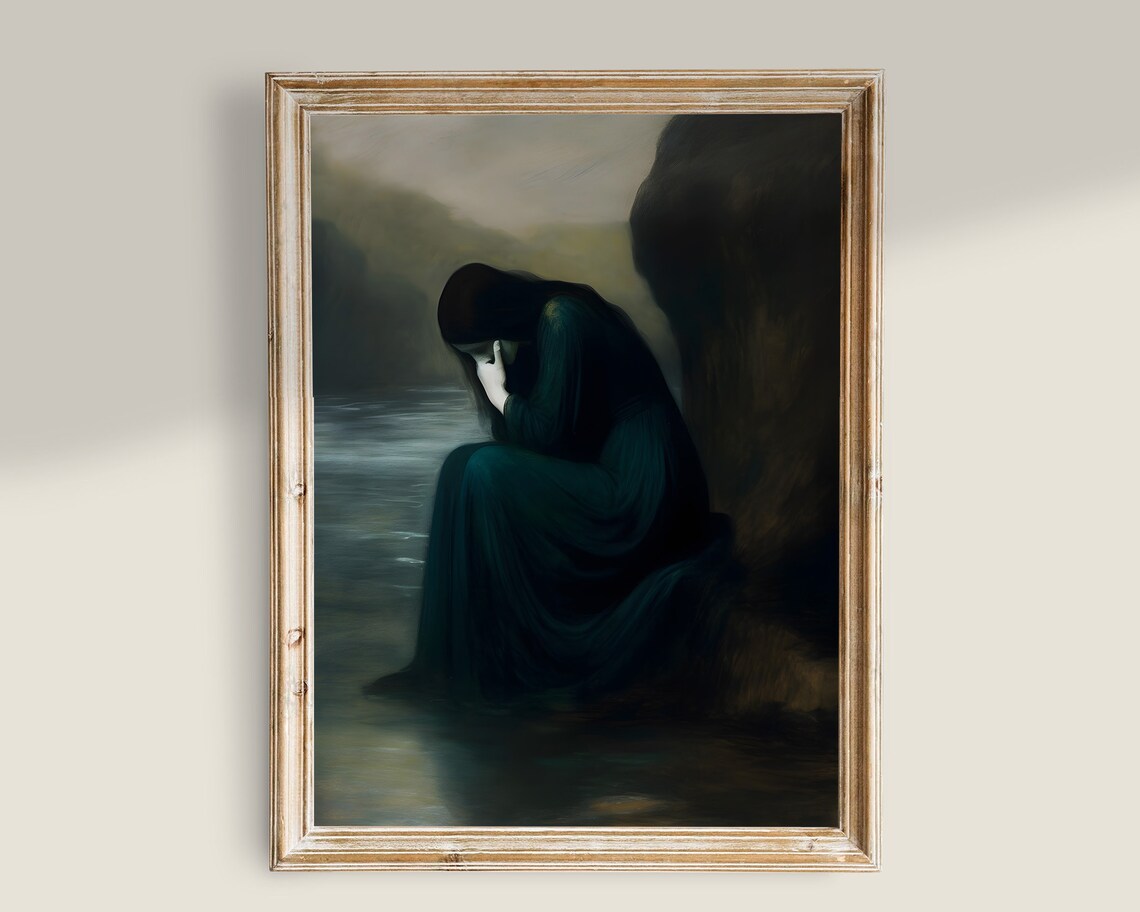 Woman Night Lake Teal Dress Melancholy Gothic Dark Romantic Wall Art