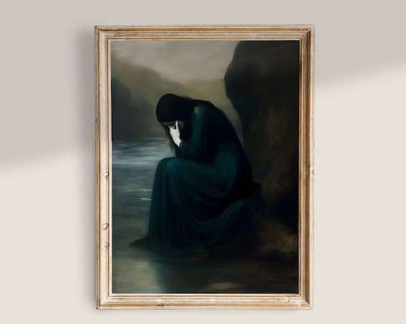 Woman Night Lake Teal Dress Melancholy Gothic Dark Romantic Wall Art