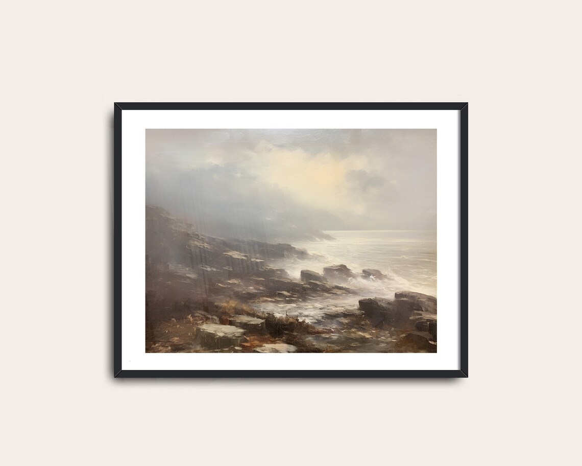 Misty Foggy Rocky Coastline Seascape Waves Vintage Ocean Poster - Image 2