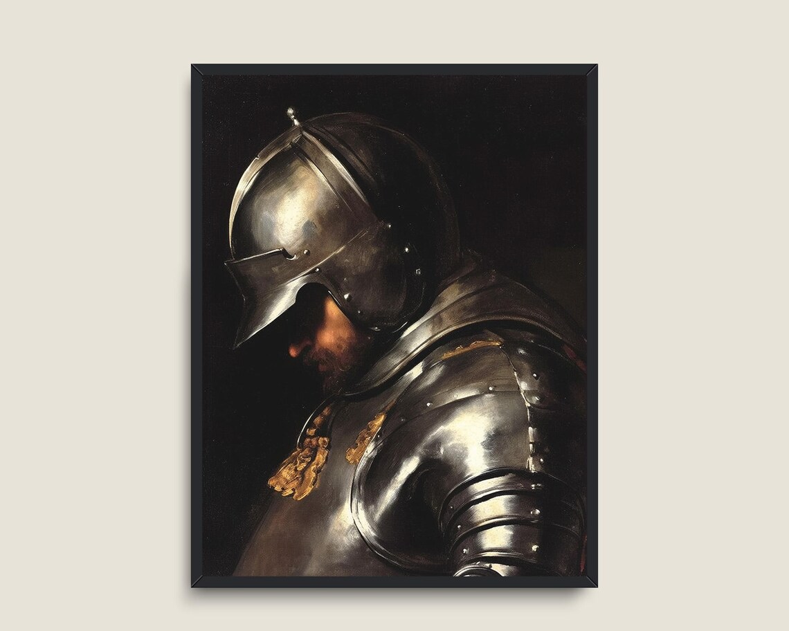 Medieval Knight In Steel Armor Profile Dark Vintage Portrait Print - Image 3
