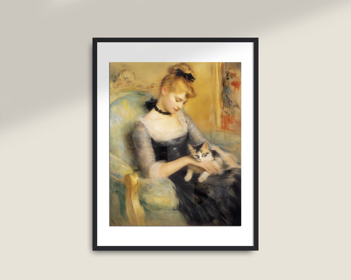 Woman With Cat Vintage Painting, Light Academia Art Print - Image 2