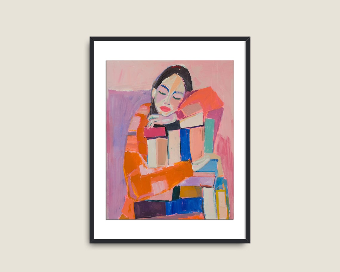 Woman Portrait Art Girl Pastel Decor Woman Reading Wall Art Woman Wall Art Bookworm Bookshelf Colorful Print - Image 2