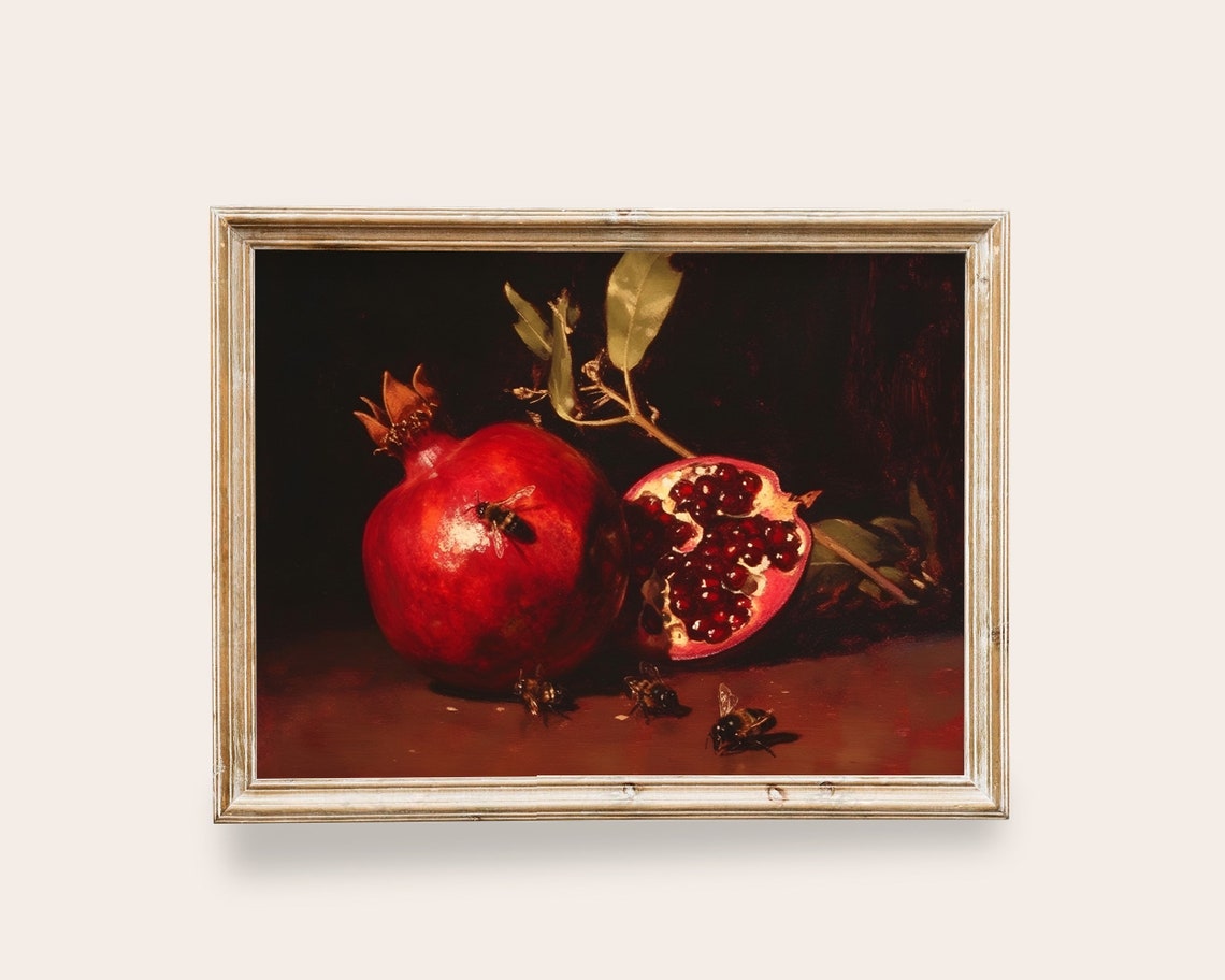 Pomegranate Still Life With Bees Dark Elegant Vintage Kitchen Poster