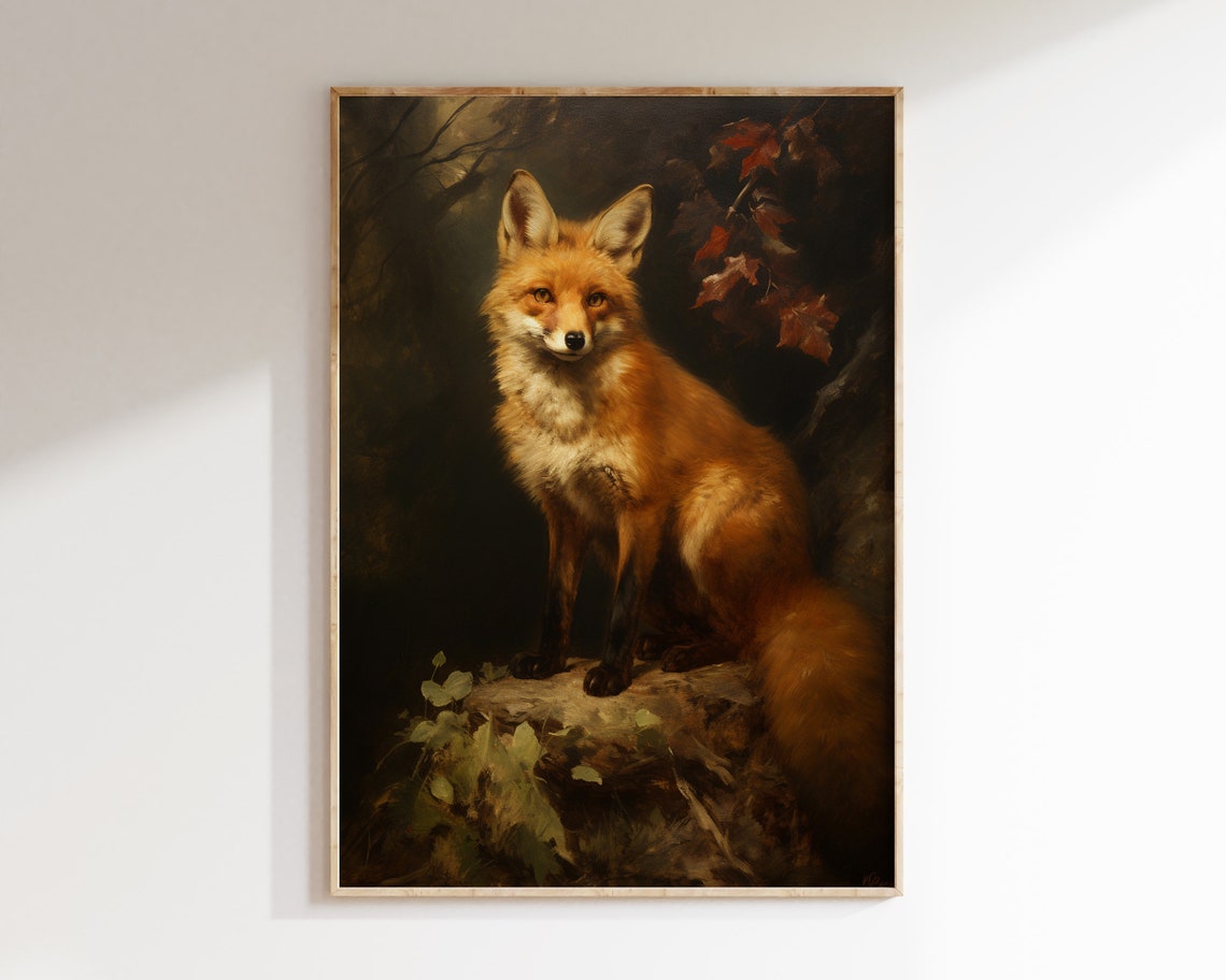 Red Fox Sitting in Autumn Forest Vintage Dark Academia Poster - Image 3