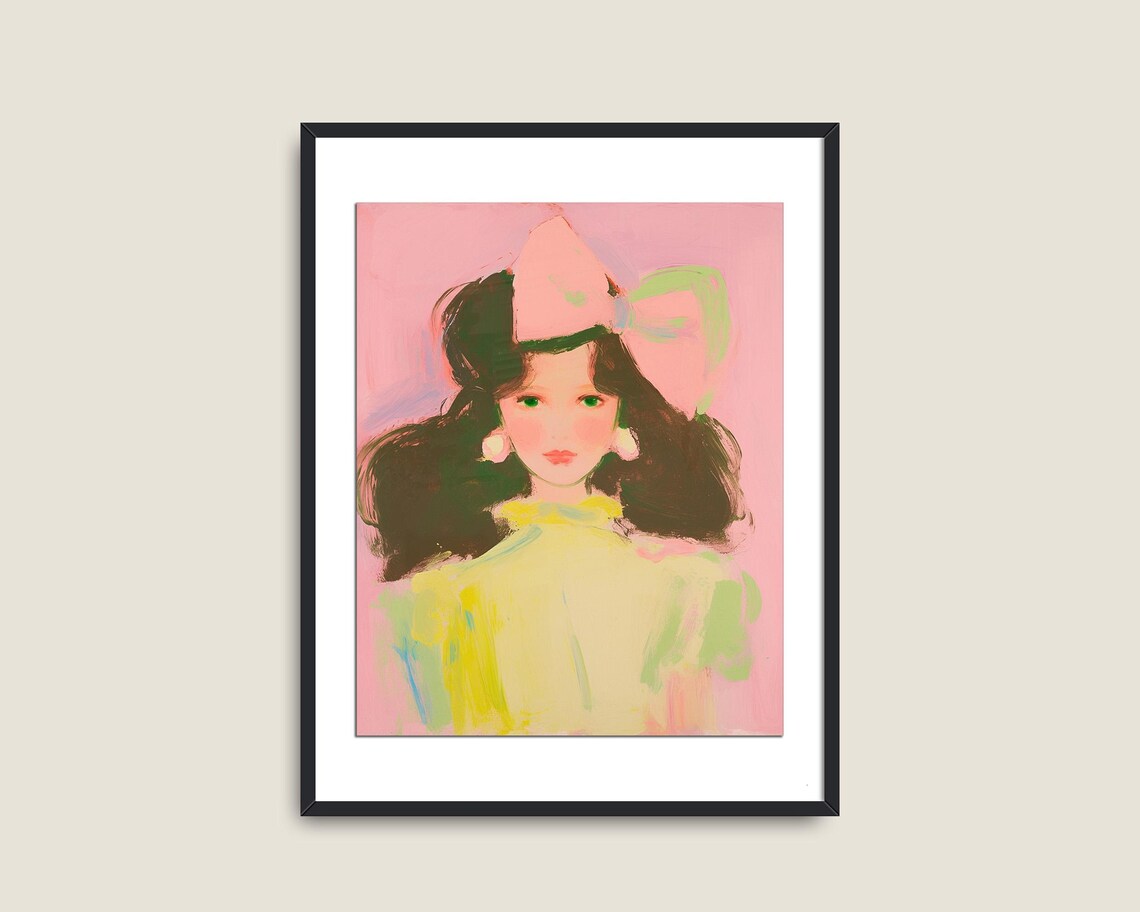 Pink Bow Girl Portrait Coquette Pastel Painting Dreamy Vintage Wall Art Poster - Image 2