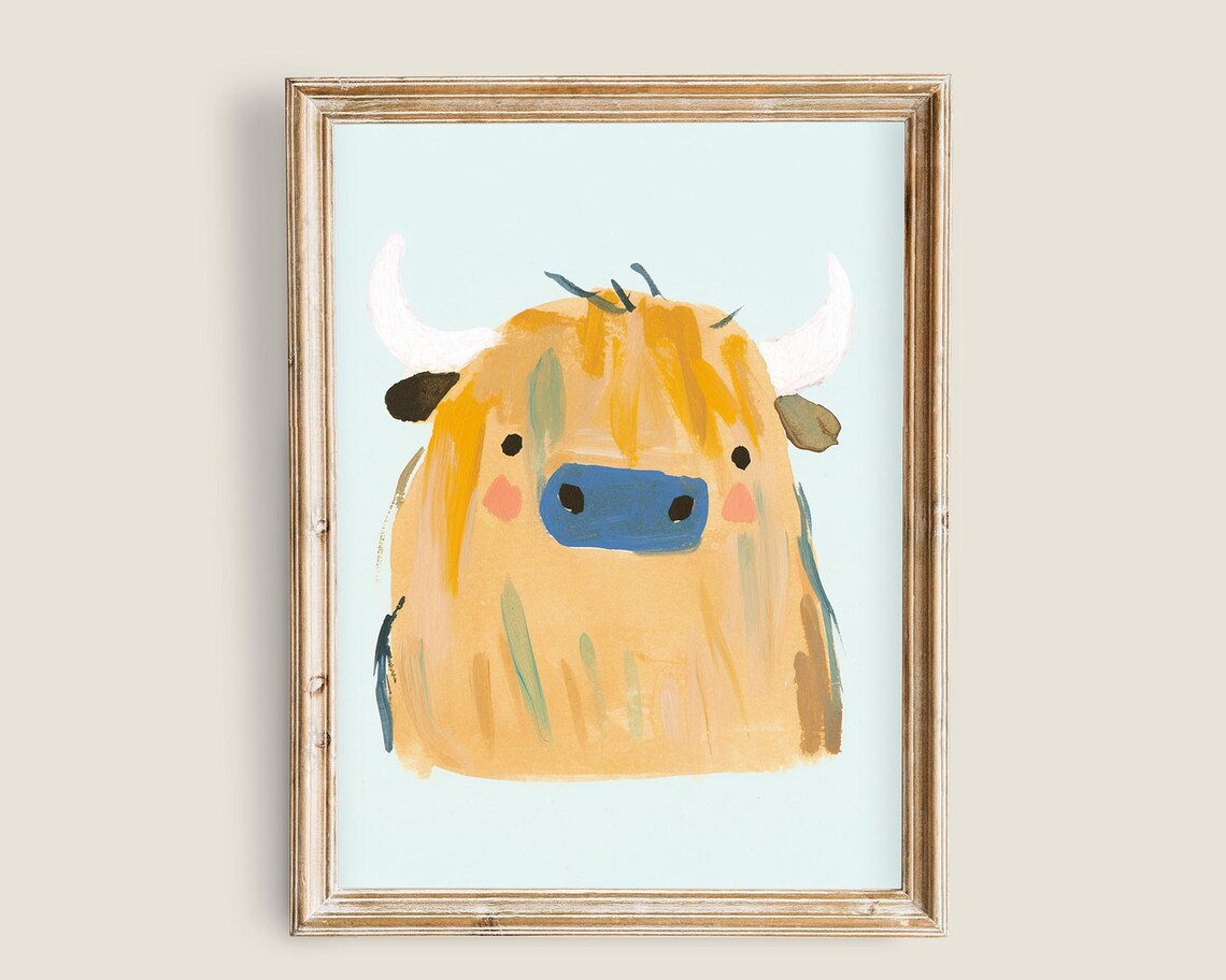 Cute Highland Cow Painting Golden Fuzz Pastel Kids Animal Poster