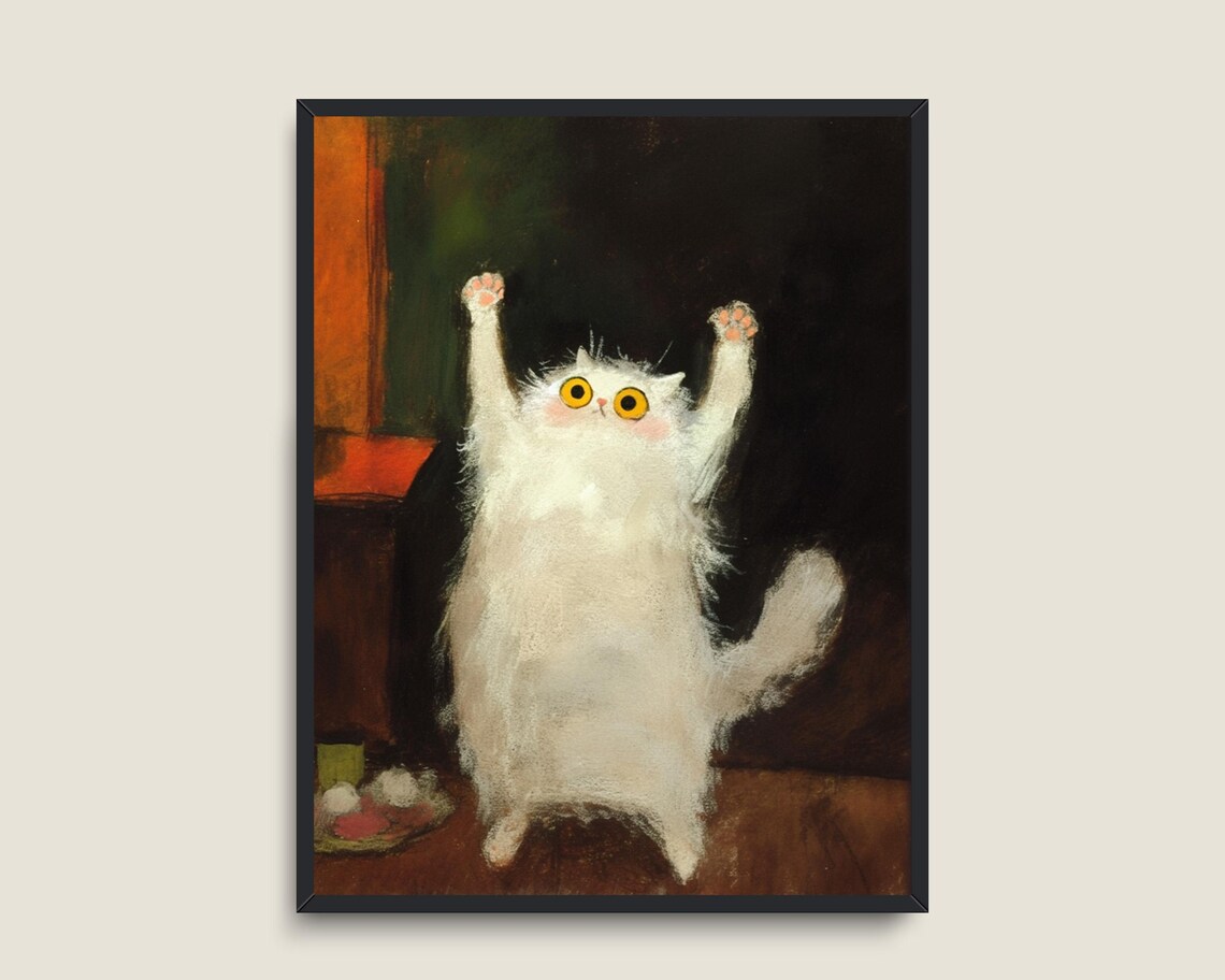 Funny White Cat Standing Paws Up Silly Fluffy Kitten Painting Cute Art Poster - Image 3