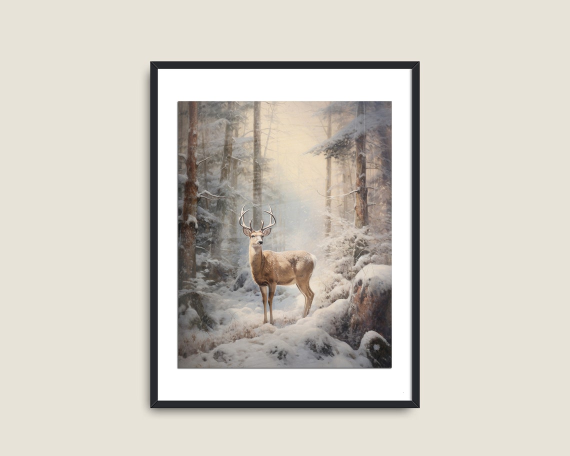 Deer Snowy Winter Forest Misty Vintage Christmas Wildlife Wall Art - Image 2