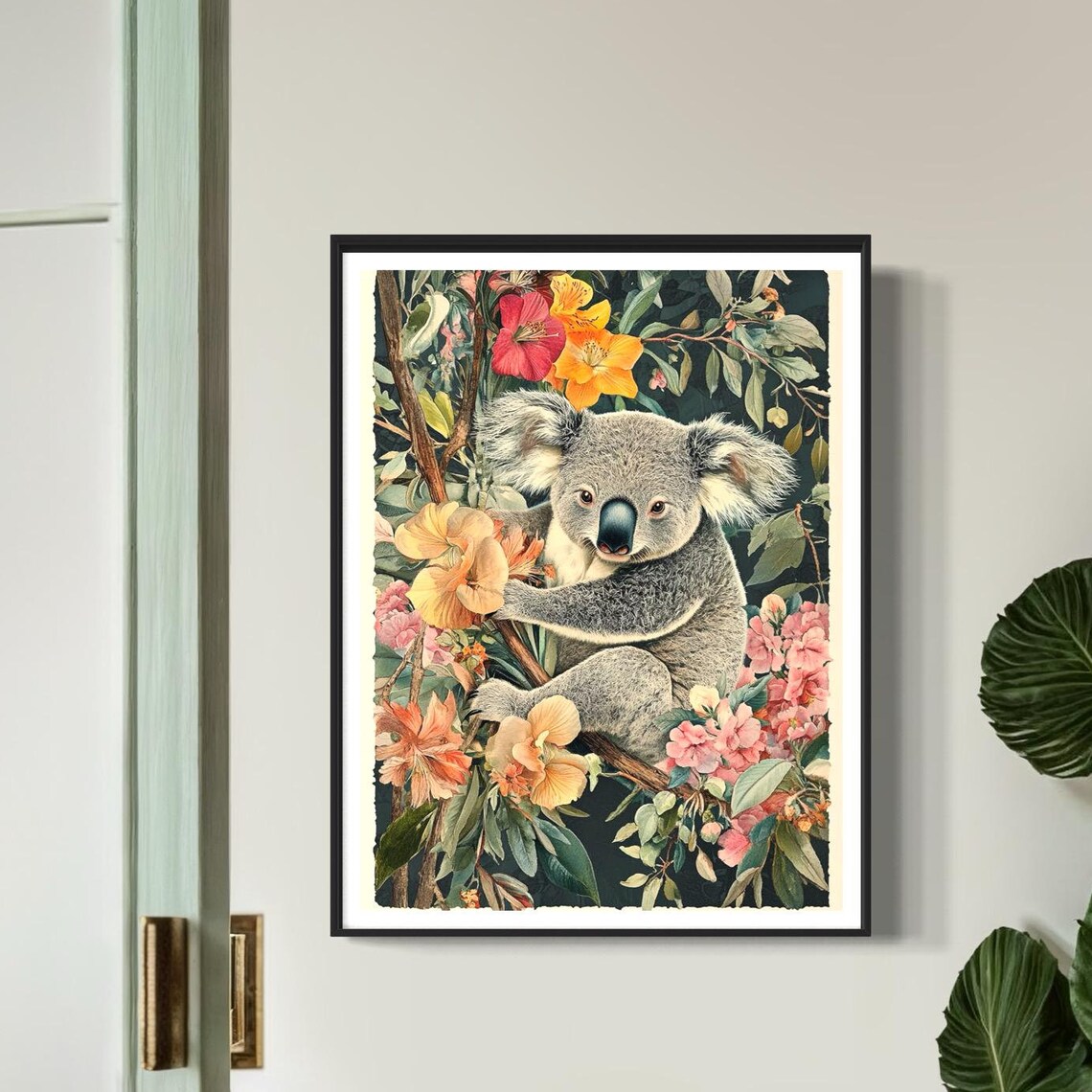 Koala Climbing Branch Colorful Tropical Flowers Wildlife Poster - Image 4