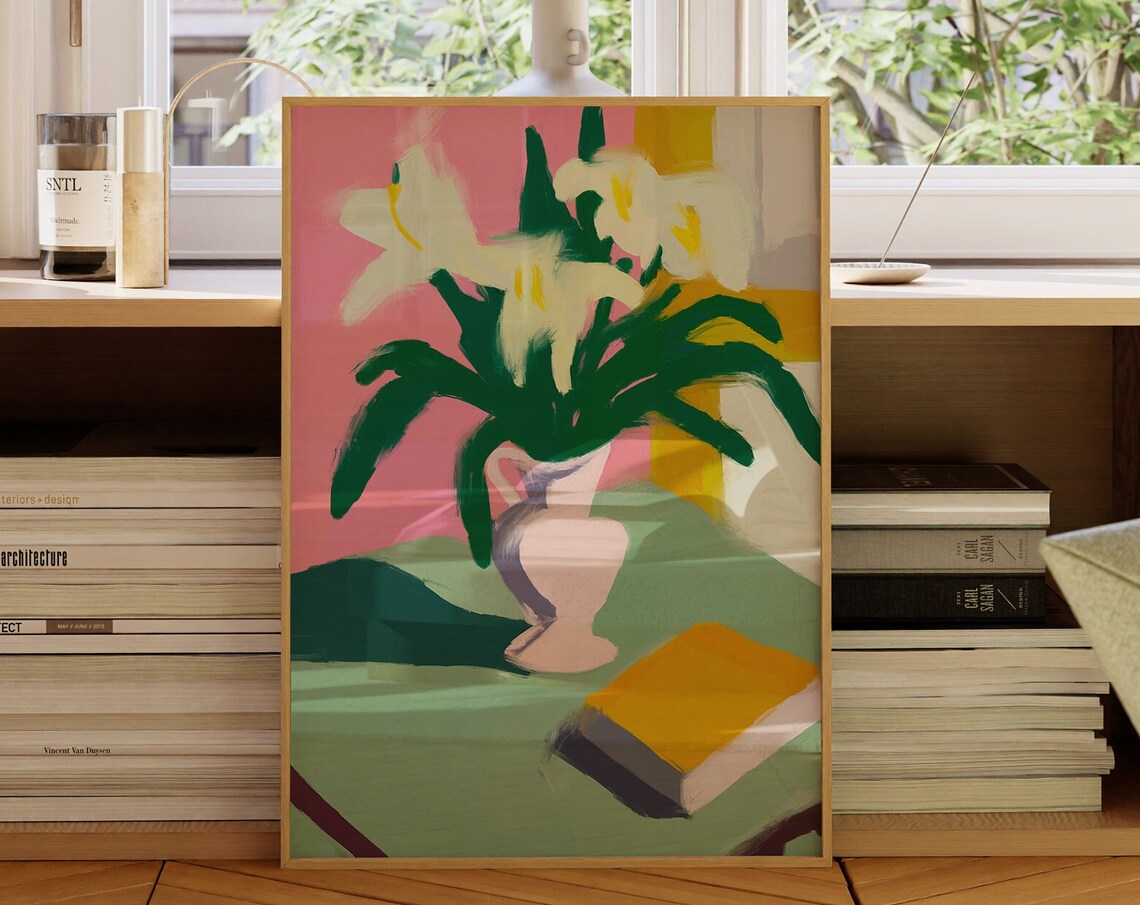White Lilies In A Vase Colorful Still Life Floral Painting Poster - Image 3