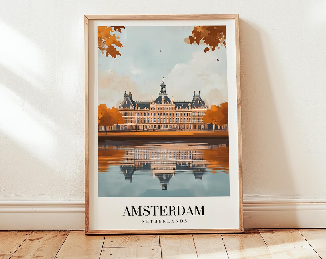 Amsterdam Netherlands Grand Palace Canal Reflection Autumn Travel Poster