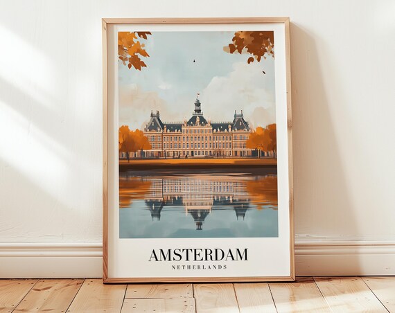 Amsterdam Netherlands Grand Palace Canal Reflection Autumn Travel Poster