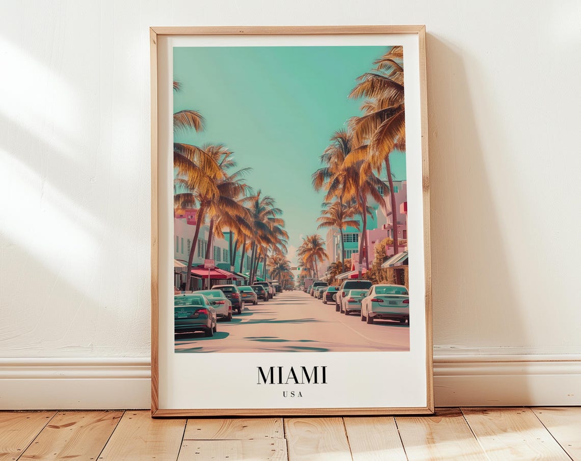 Miami USA Palm Lined Street Art Deco Retro Beach Travel Poster