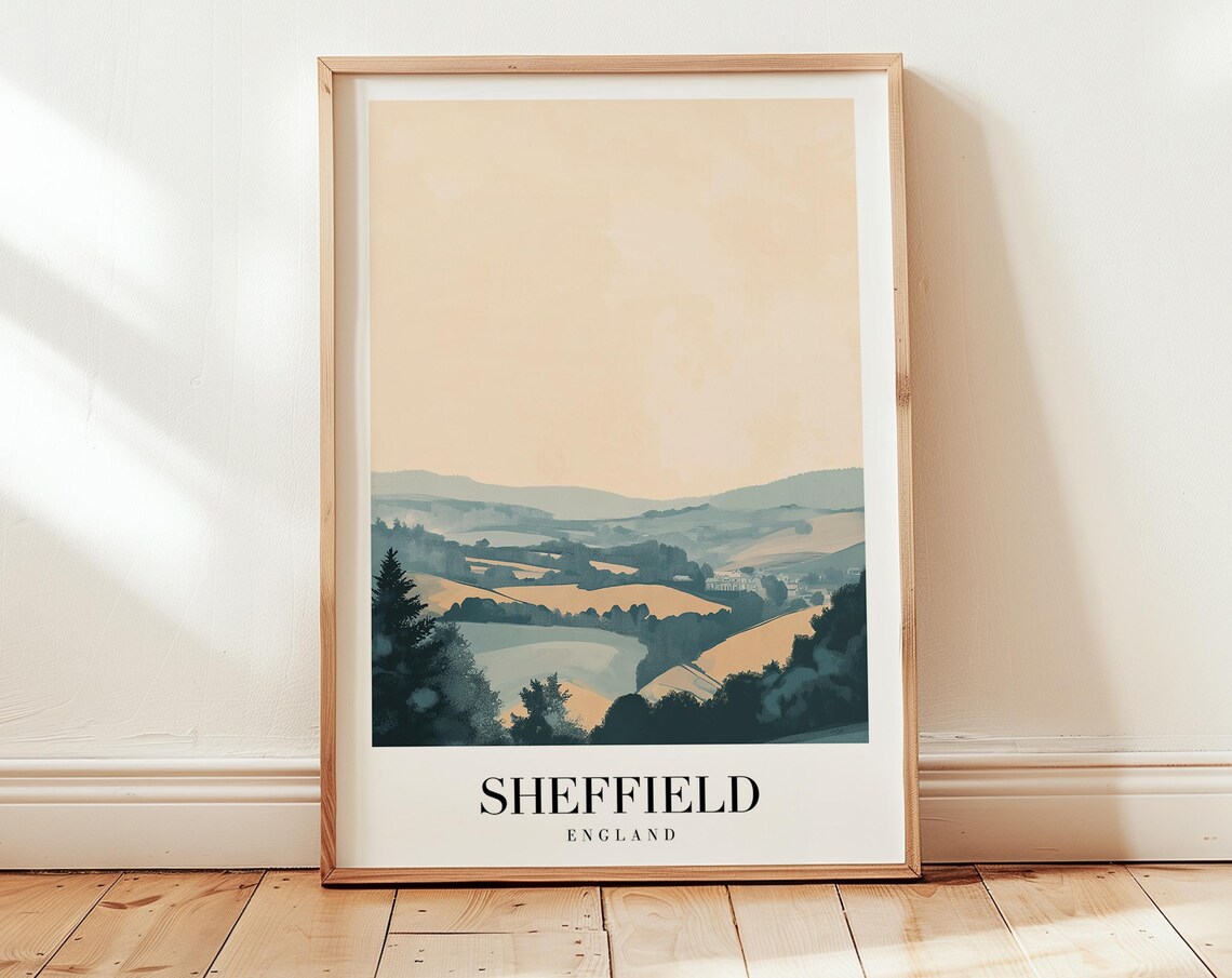 Sheffield England Rolling Green Hills Pastel Countryside Travel Poster