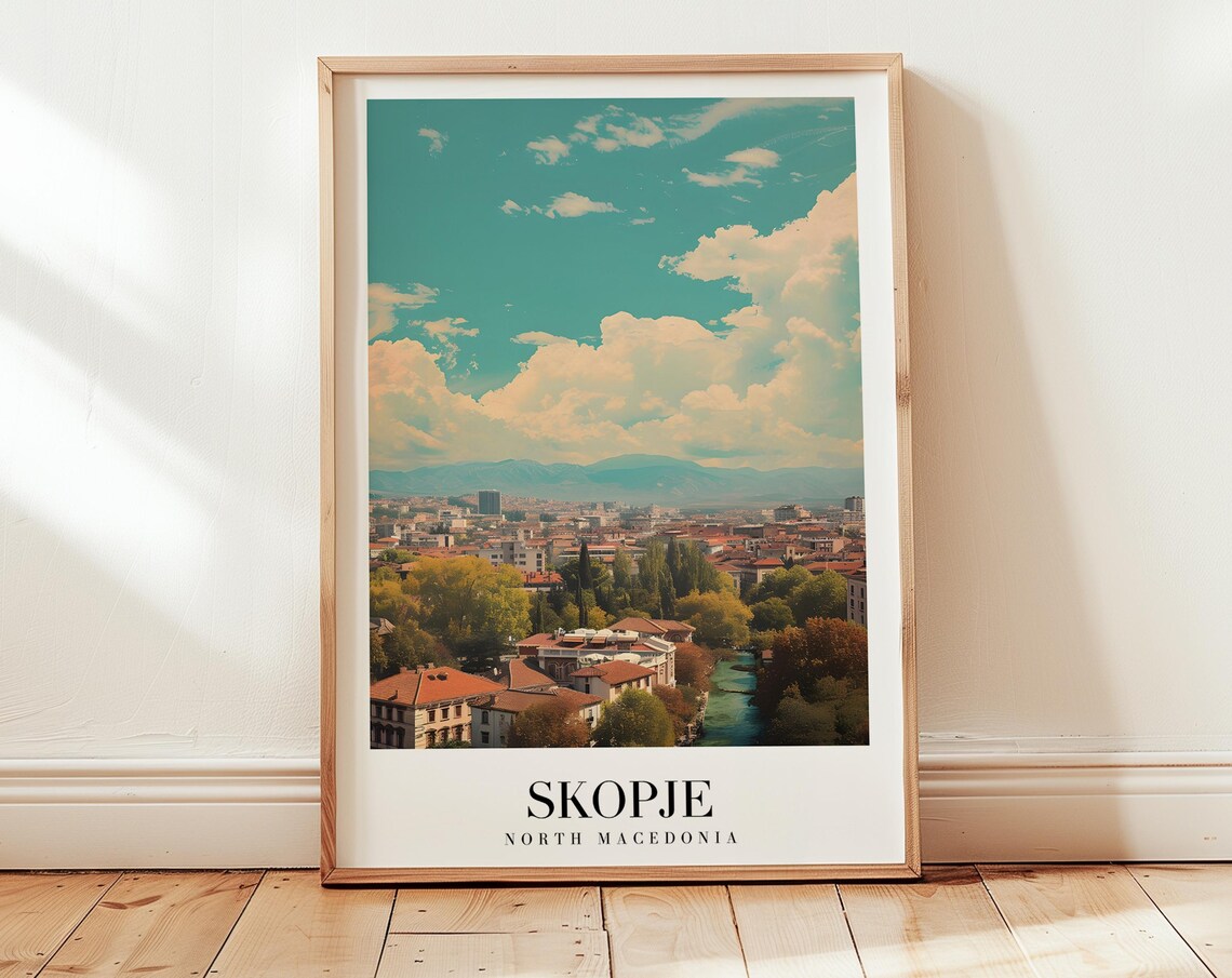 Skopje North Macedonia City Panorama River View Retro Travel Poster