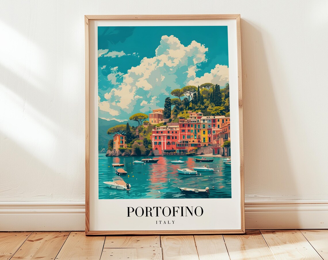 Portofino Italy Colorful Harbor Boats Cypress Hill Travel Poster