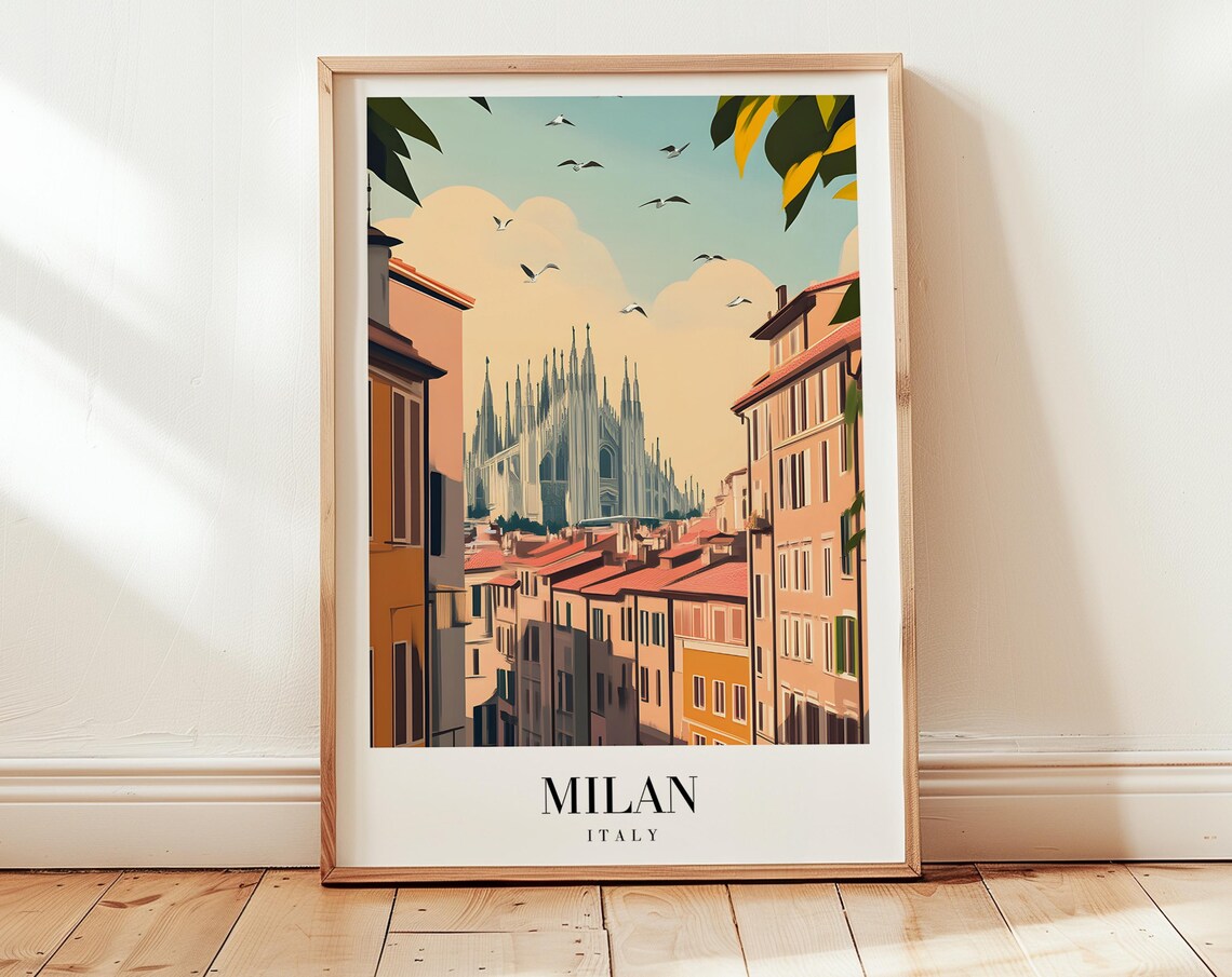 Milan Italy Duomo Cathedral Street Retro Style Travel Art Poster