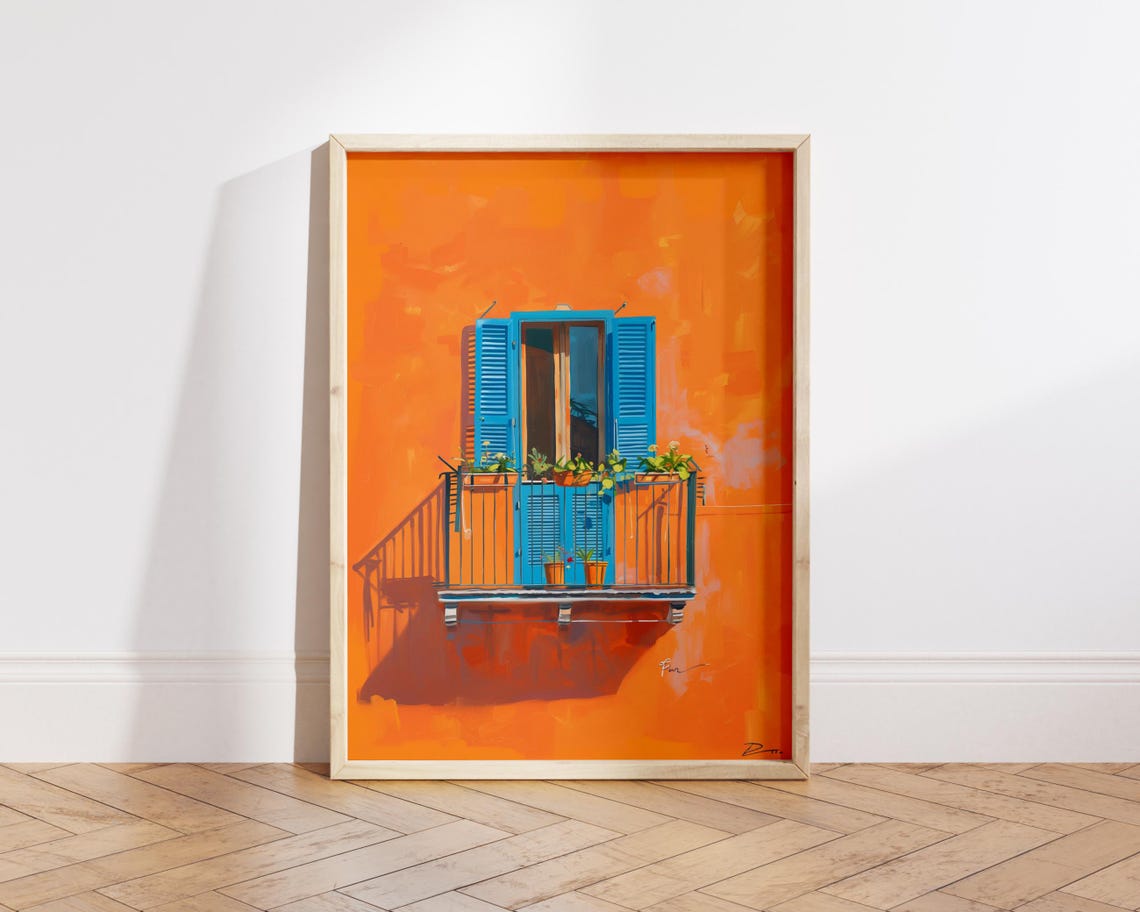 Orange Stucco Wall With Blue Shuttered Balcony Mediterranean Poster