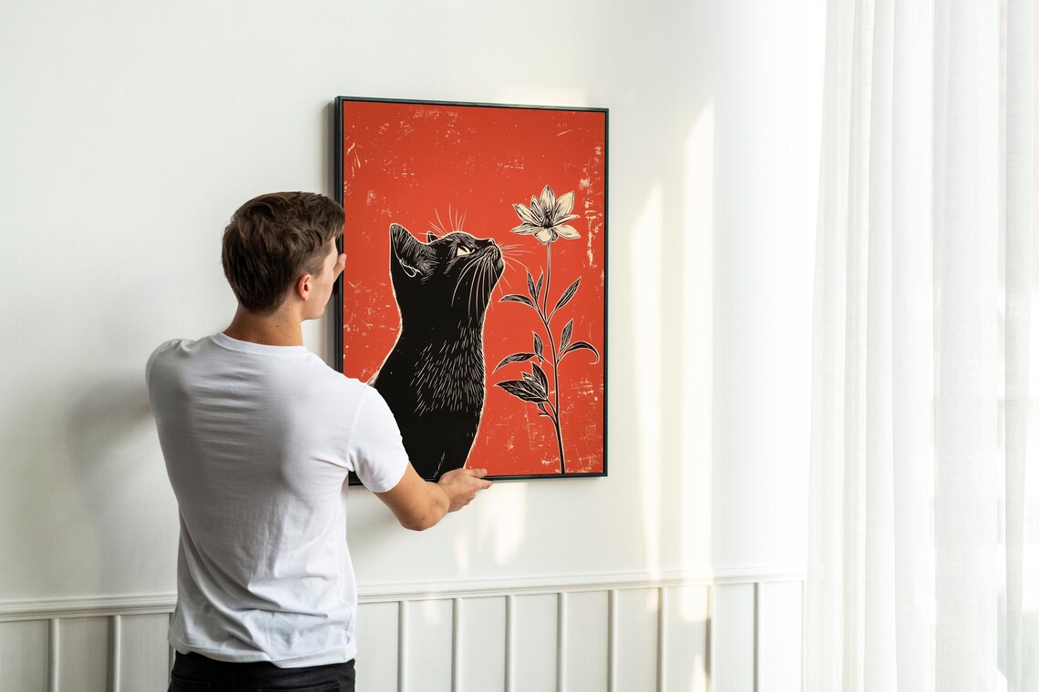 Black Cat And Flower Minimalist Art Print - Image 4