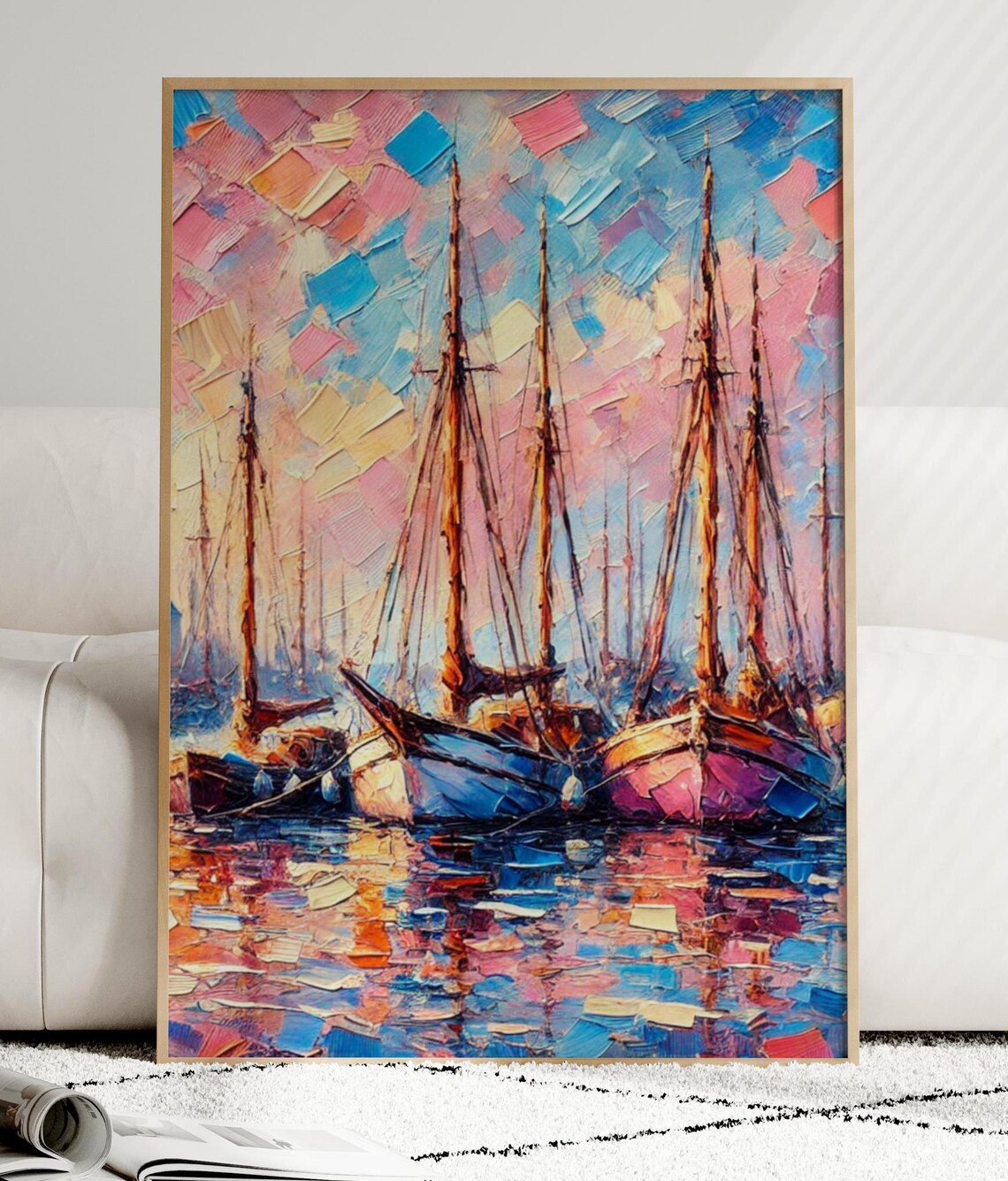 Colorful Sailboats Marina Impressionist Oil Painting Style Poster