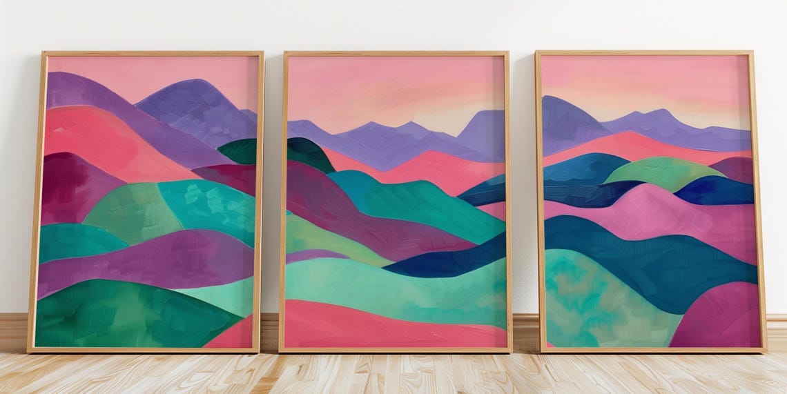 Set Of Three Pastel Rolling Hills Abstract Landscape Art Poster