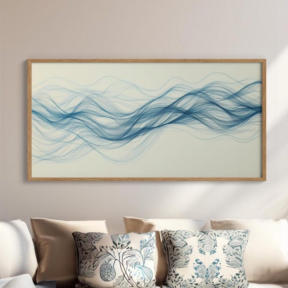 Blue Wave Line Canvas Art Soft And Grey Electric Rippling Curves Minimalist Wall Decor For Calm Modern Bedroom Or Office Giclee