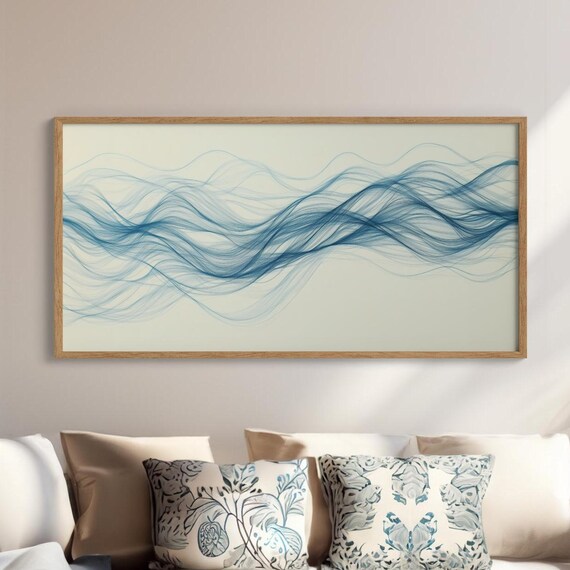 Blue Wave Line Flowing Electric Rippling Curves Minimalist Art Print