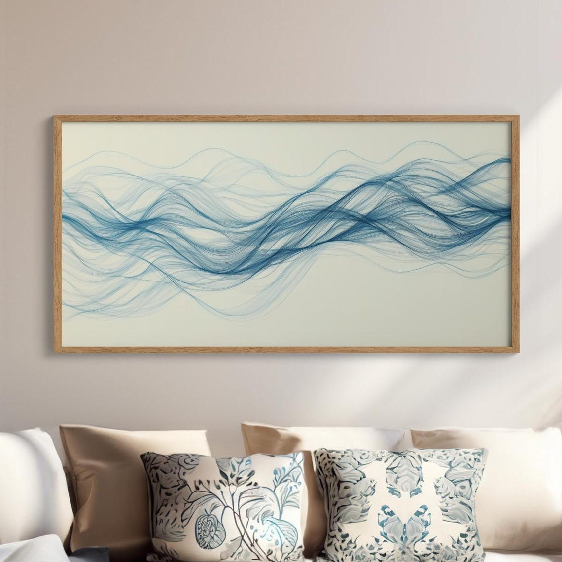 Blue Wave Line Canvas Art Soft And Grey Electric Rippling Curves Minimalist Wall Decor For Calm Modern Bedroom Or Office Giclee