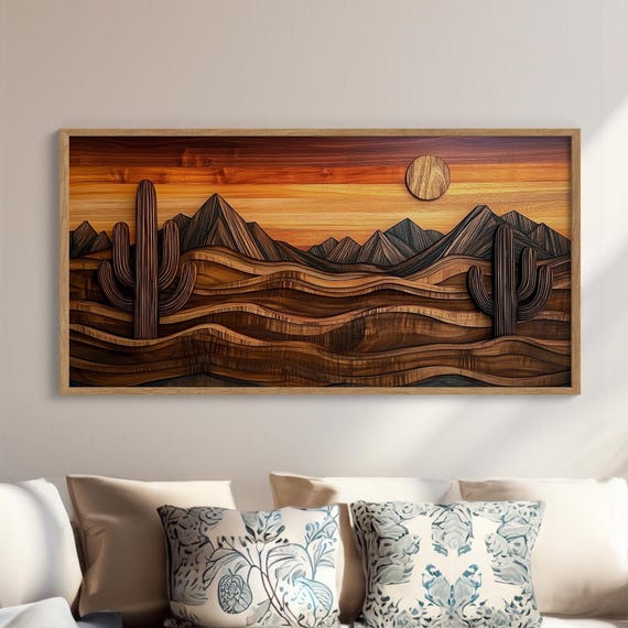 Golden Sand Dunes Layered Wood Canvas Art Sunset Over Rolling Desert Hills Warm Earthy Stained Wall Handmade 3d Landscape
