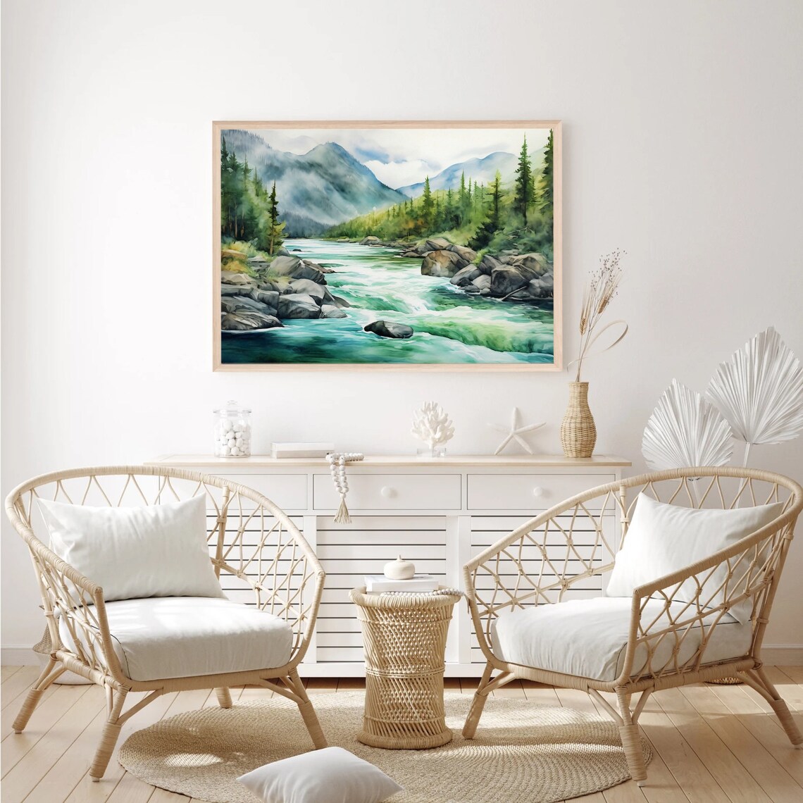 Mountain River Watercolor Art Print, Misty Forest Landscape - Image 3