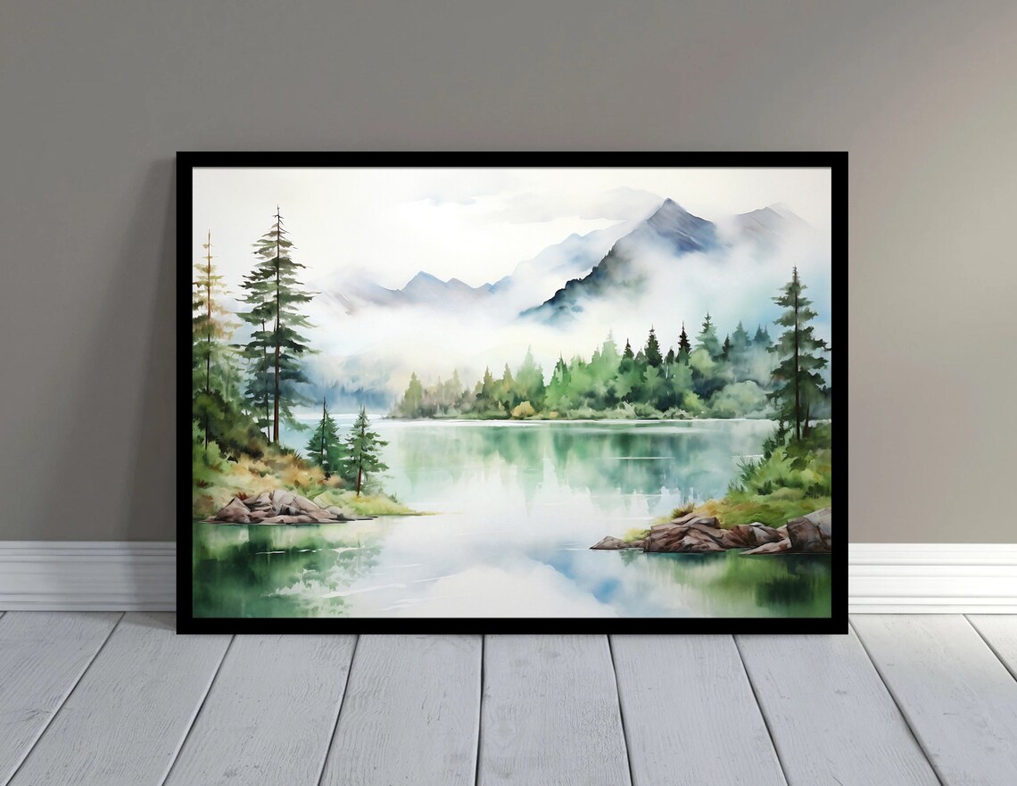 Mountain Lake Watercolor Landscape, Pine Forest Print - Image 2