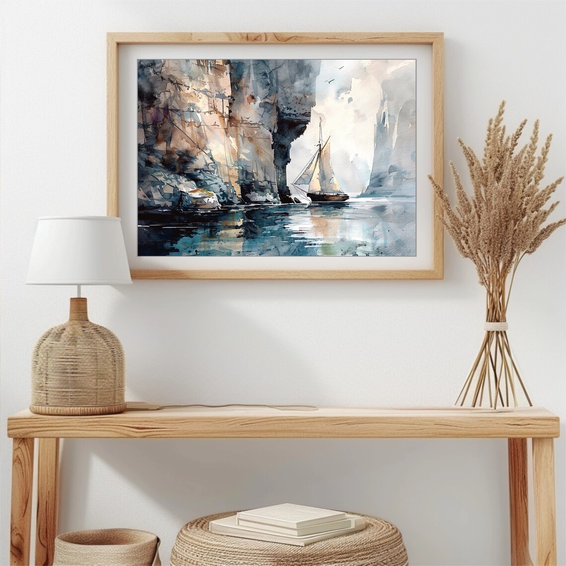 Irish Cliffs With Sailing Boat Watercolor Art Print - Image 3