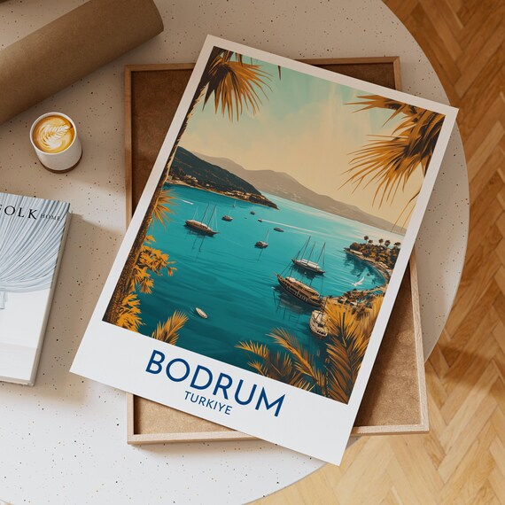 Bodrum Turkiye Palm Framed Turquoise Bay Sailboat Travel Poster