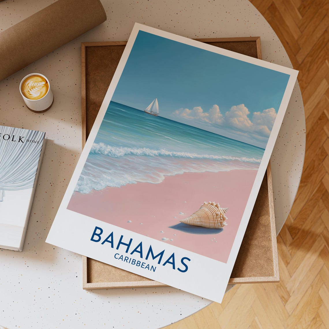 Bahamas Caribbean Pink Sand Beach Sailboat Conch Shell Travel Poster