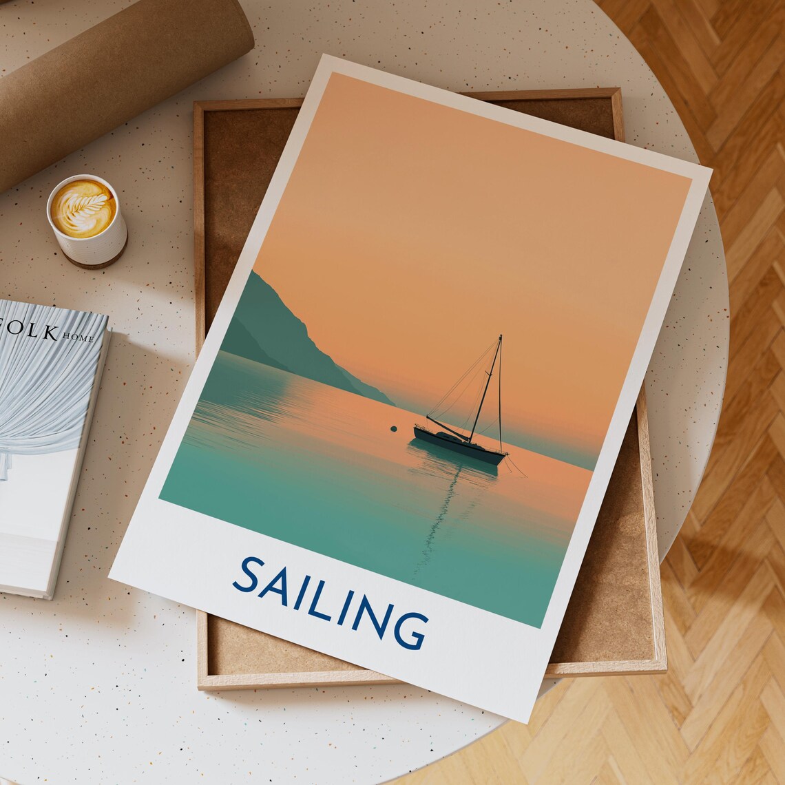Sailing Minimalist Sailboat Sunset Calm Sea Travel Art Poster