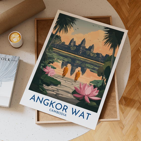 Angkor Wat Cambodia Travel Poster Featuring Buddhist Monks Flowers And Temple Reflection At Sunrise Wall Art Print Unique