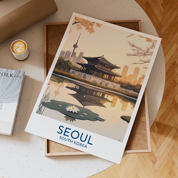 Seoul Palace Pavilion Pond Lotus Reflection Blue Text Travel Poster