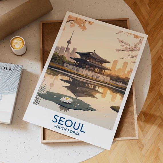 Seoul South Korea Travel Poster Featuring Pond And Traditional Pavilion With Cherry Blossoms Modern Skyline Reflection Gift