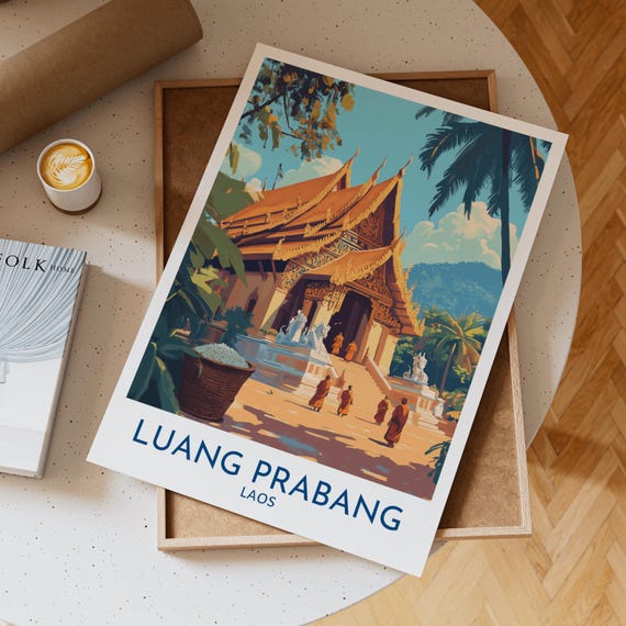 Luang Prabang Laos Temple Wall Art Print Featuring Buddhist Monks Walking Toward Ornate Wat Under Tropical Sky With Mountain Backdrop Gift