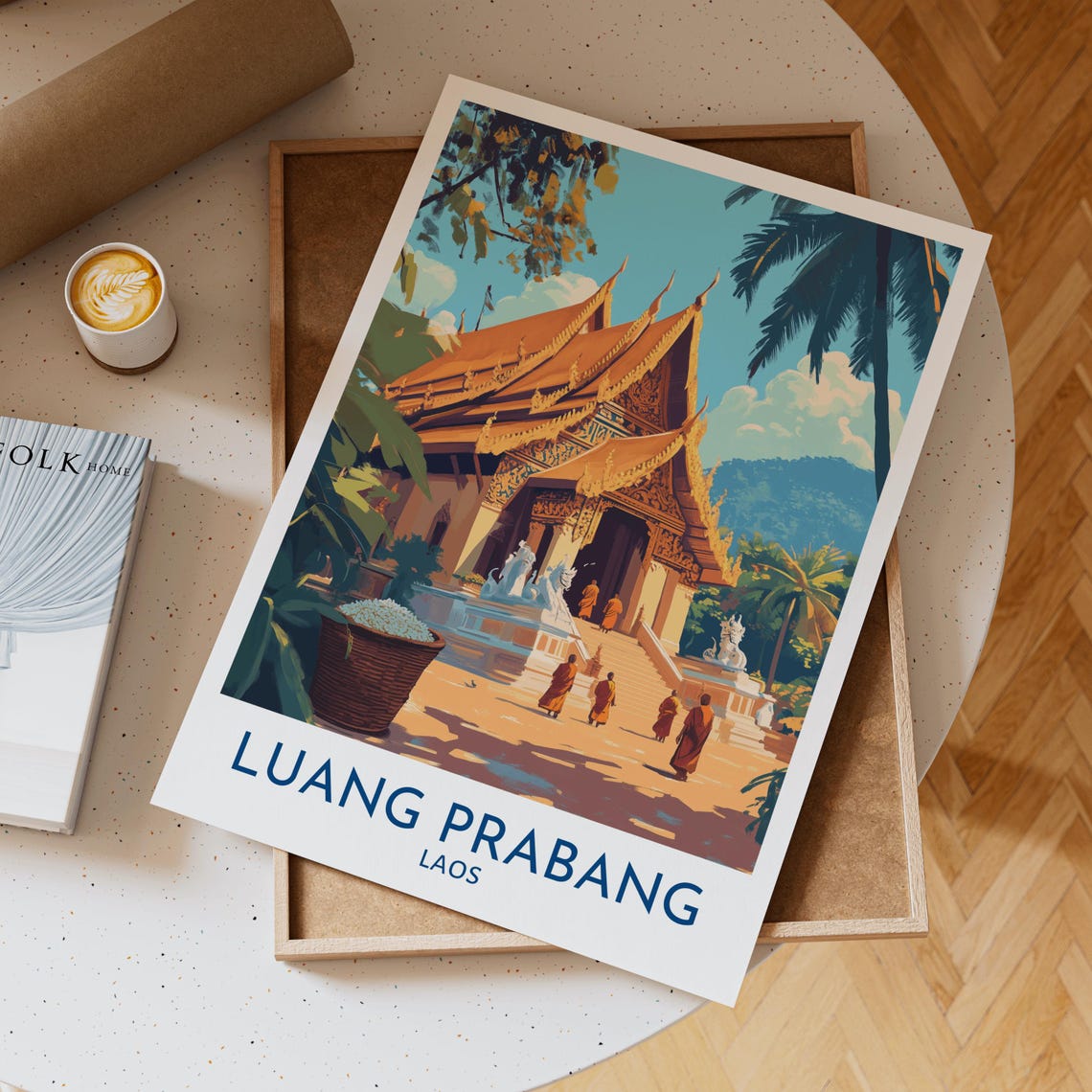 Luang Prabang Laos Temple Poster Golden Wat With Monks Tropical Sky