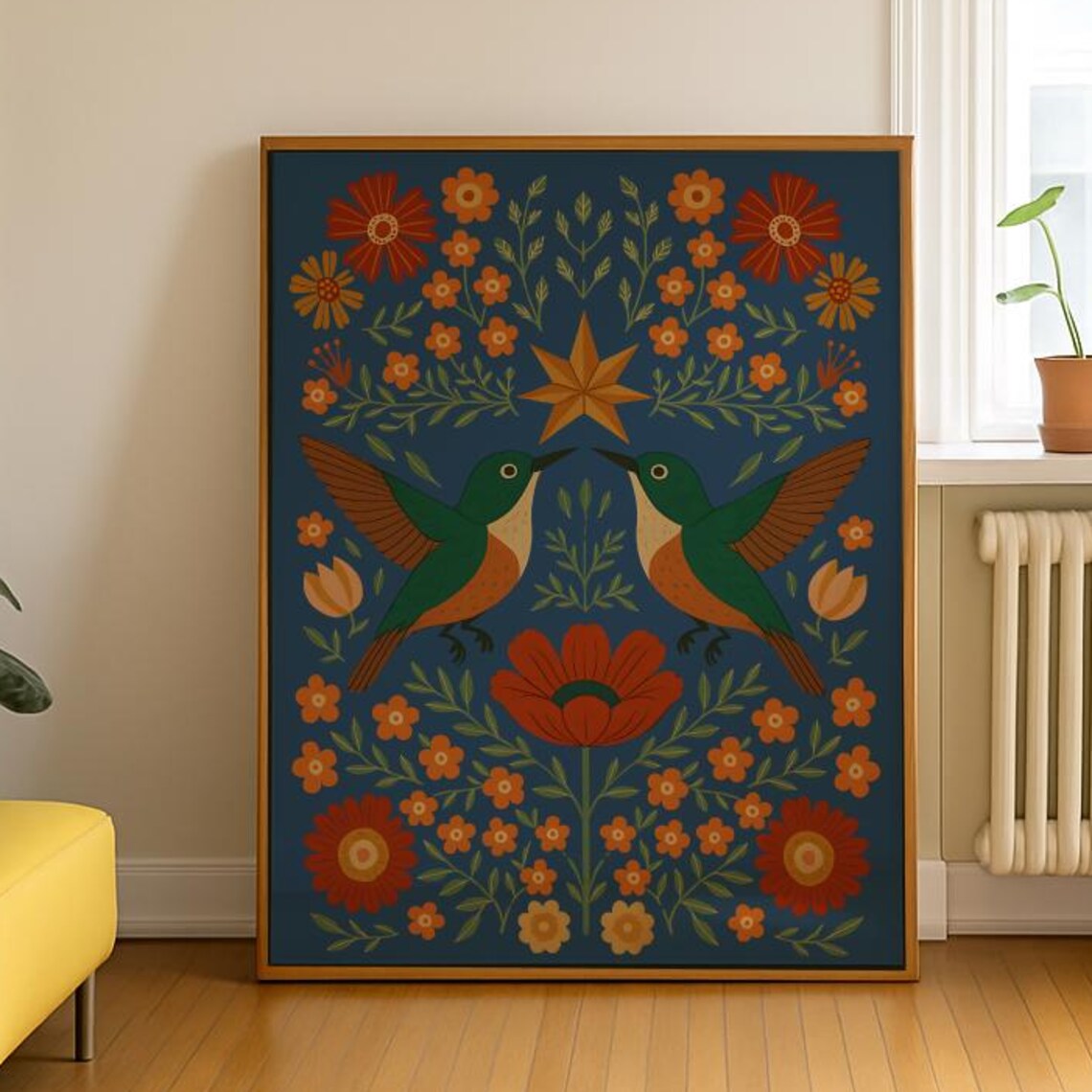 Scandinavian Hummingbird Folk Art Floral Navy Nature Art Poster - Image 6