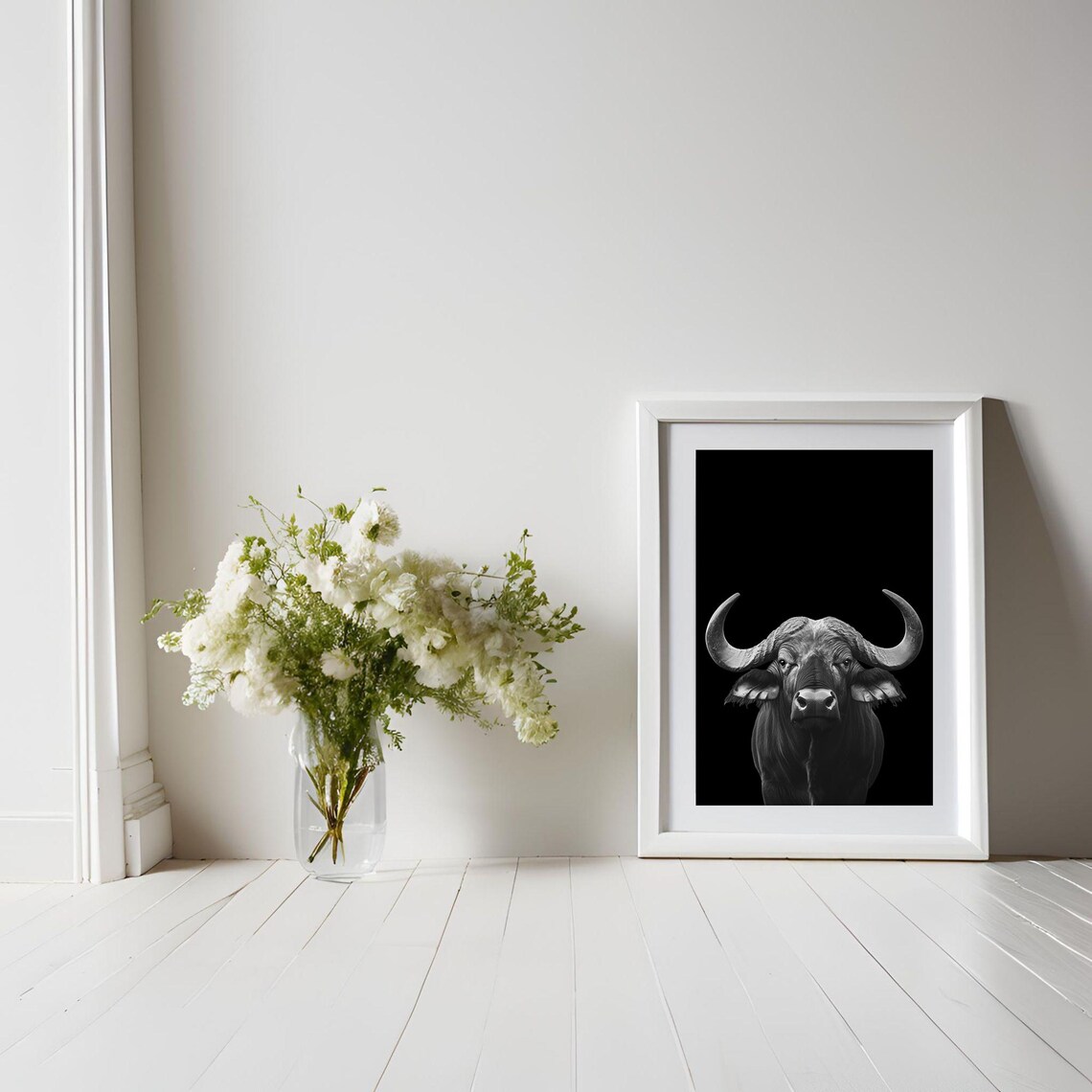 Black and White African Buffalo Portrait Wildlife Art Poster - Image 5
