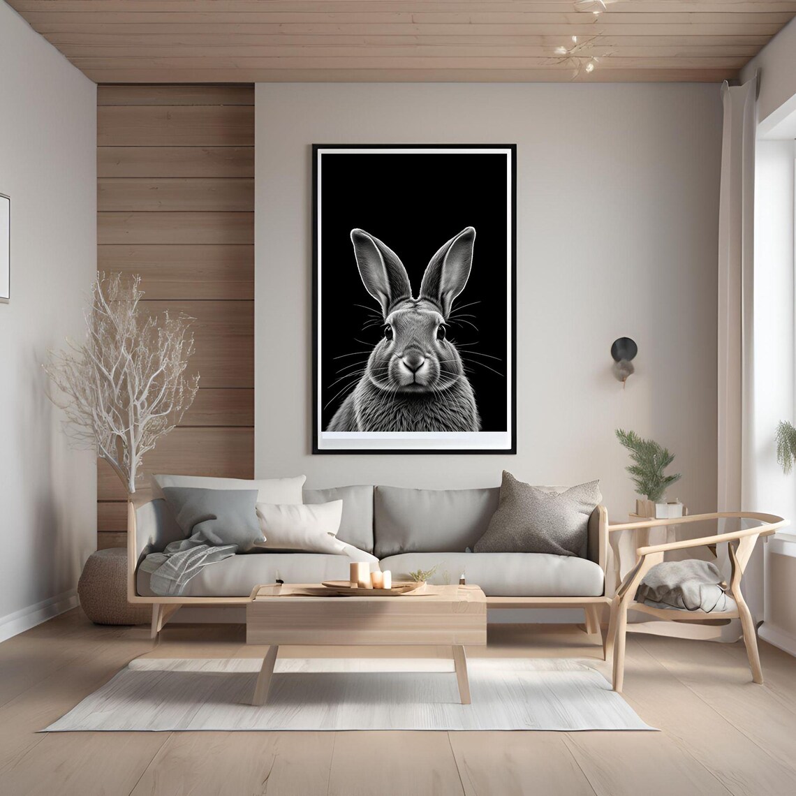 Black And White Rabbit Portrait Front Facing Minimalist Wildlife Poster - Image 3