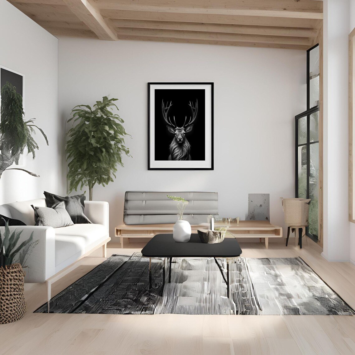 Black And White Stag Deer Antler Portrait Minimalist Wildlife Poster - Image 5