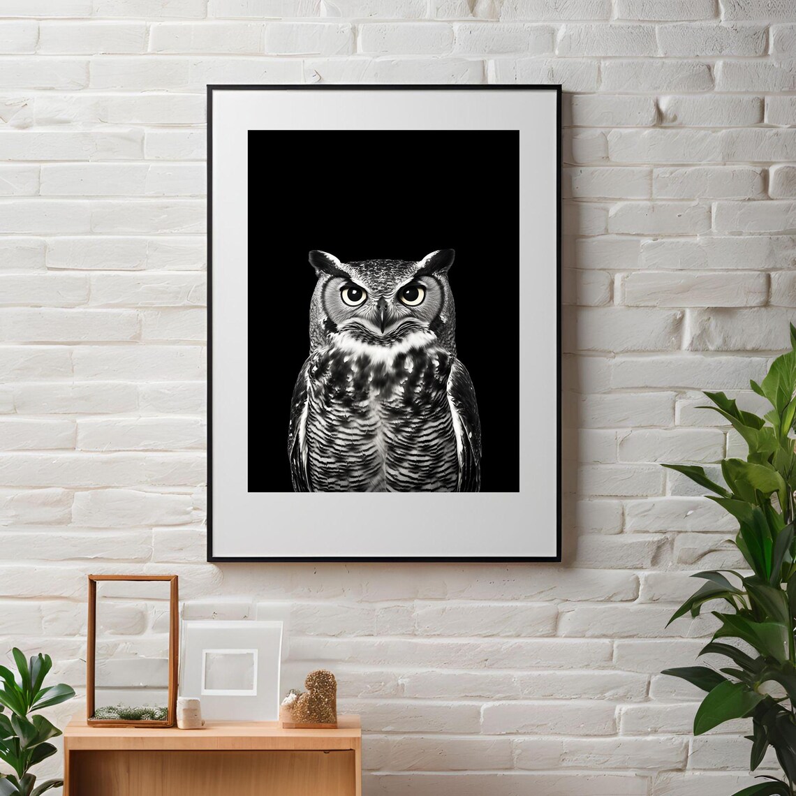 Black and White Great Horned Owl Portrait Stunning Wildlife Poster