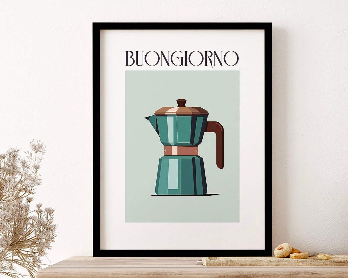 Buongiorno Teal Moka Pot Italian Coffee Maker Kitchen Wall Poster