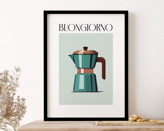 Coffee Art Moka Espresso Italian Coffee Maker Buongiorno Blue Wall Art Print Poster Framed Art Gift